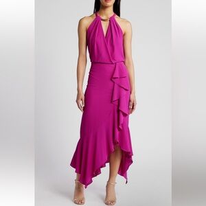 Xscape Evenings Ruffle Detail Crepe Halter Neck High-Low Gown l Pink Sz 6/ small